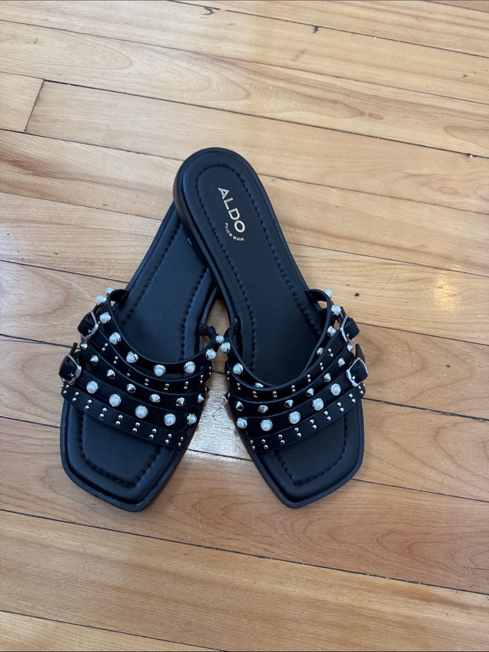 ALDO Black Studded Triple-Strap Slide Mules